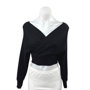 Bacio Women's Black Long Sleeve V Neck Ribbed Knit Cropped Sweater Top Size S